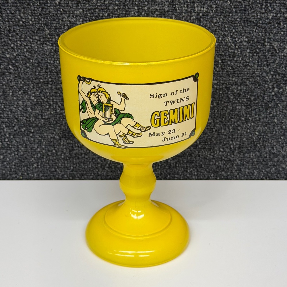 Vtg Gemini‎ Zodiac Sign of the Twins Glass Goblet Yellow Chalice Astrology Retro